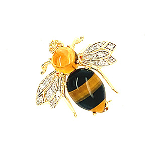 18ct Yellow Gold Diamond, Agate, + Tigers Eye Bumblebee Brooch